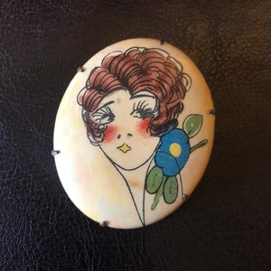 Art Deco 1920 Charming Flapper Celluloid Pin Brooch w/Blue Flower