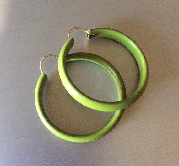 Vintage Sage Green enamel Hoop Earrings W/14K GF … - image 1