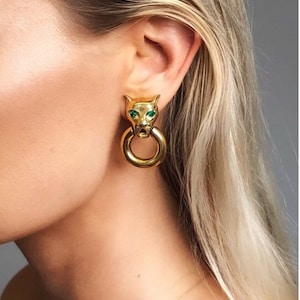 Rare Vintage Givenchy Jaguar Panther Hoop earrings for pierced ears Bijoux gripoix Green eyes