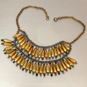 Antique Art Deco Czech Blown Glass Brass multicolor harlequin Festoon Necklace 15”