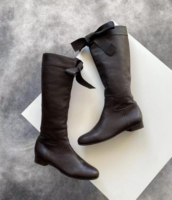 Miu Miu Leather Riding Boots With Ribbon, Size 37.5 - Etsy