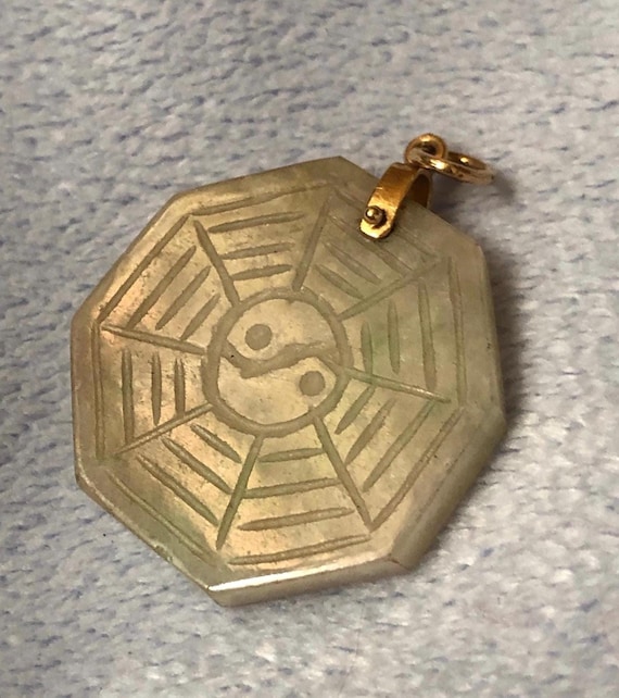 Antique Ying Yang 14K Carved Jade Spider Web Octagon Pendant