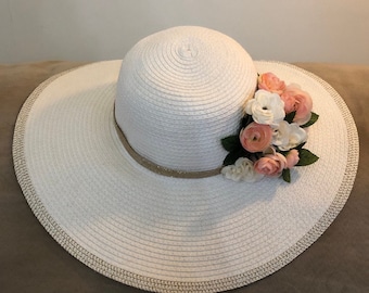 Floppy Edge Hat Derby Sun Hat W/Metallic Ribbon & Flowers Floppy Brim One Size