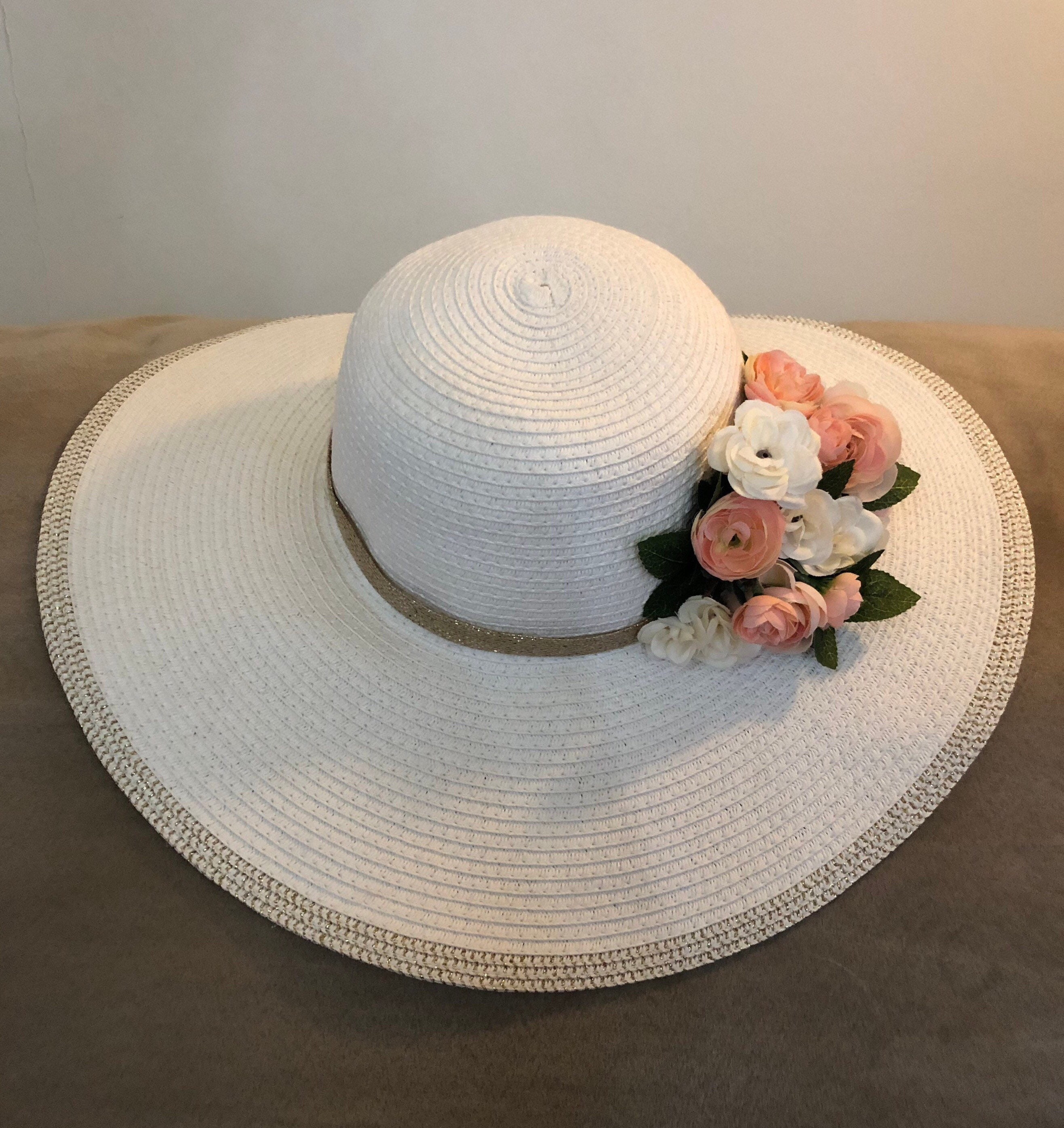 Floppy Brim Sun Hat With Metallic Ribbon & Flowers - Etsy
