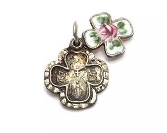 Antique Sterling silver Enamel Guilloche Rose Clover Cross W/Jesus Sliding charm