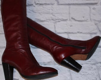 Vintage 1970's Buccellati Maroon Red Soft Leather Knee High Boots Size 7