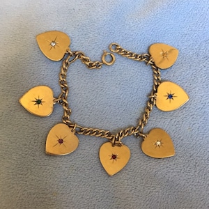 Antique Vtg 12K Rose Gold Filled Charm bracelet with flat Gemstone Heart Charms original A & Z