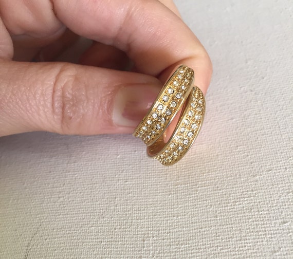Vintage Wide Gold Hoop pave crystal earrings - image 5