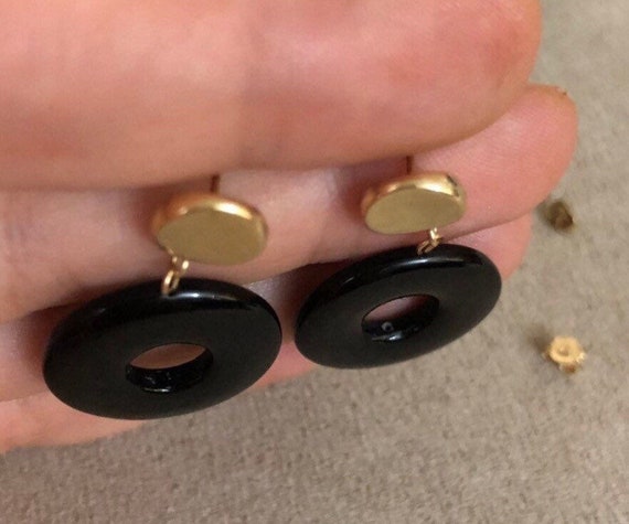 14K Solid Gold & Onyx Disk Hoop Earrings - image 6