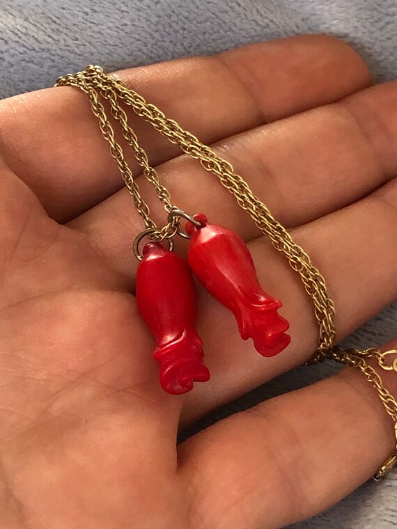 Antique Carved Red Coral Rose Buds Pendant W/Rope… - image 6