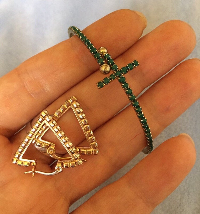 Vintage Peacock Green Cross Dainty Wrap Bangle Bracelet with Crystal Earrings
