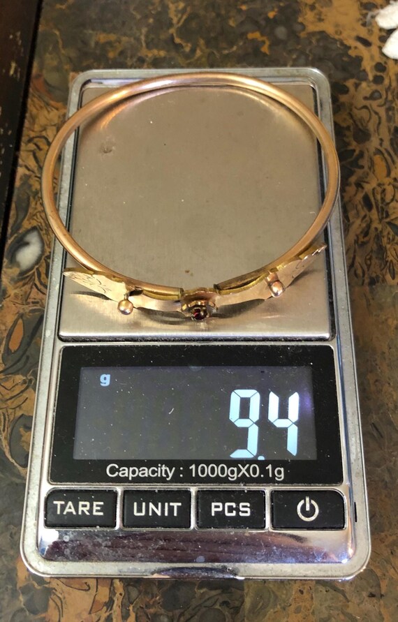 Victorian interlocking Floral Bangle W/Garnet Gem… - image 6