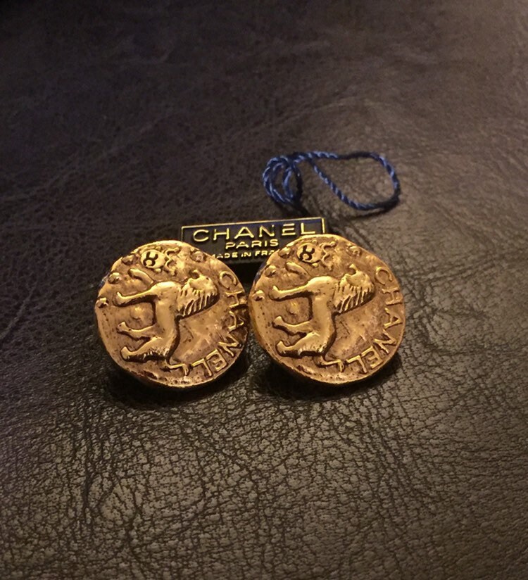 Authentic 1980's Vintage CHANEL Lion Earrings Chanel Logo