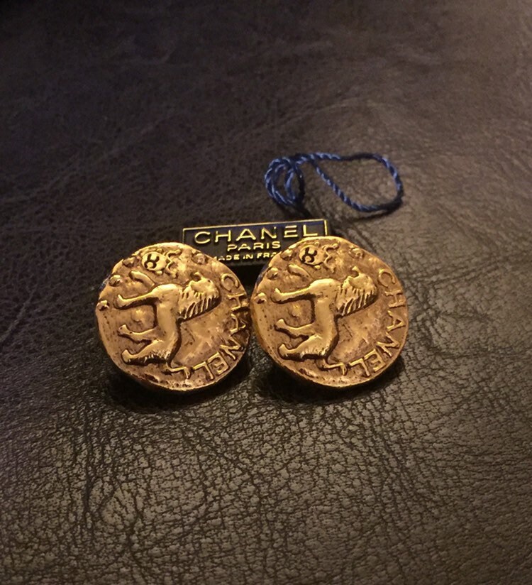 Authentic 1980's Vintage CHANEL Lion Earrings Chanel Logo 