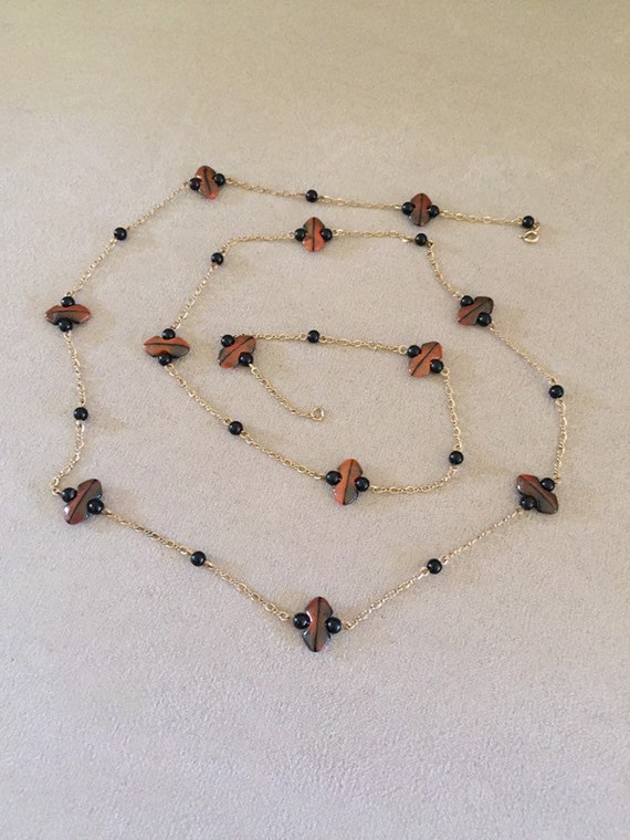 Art Deco Rose Gold Glass & onyx flappers Necklace