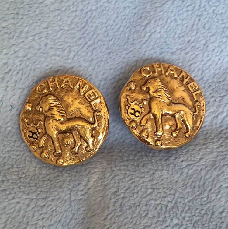 Authentic 1980's Vintage CHANEL Lion Earrings Chanel Logo Authentic 1980's Vintage CHANEL Lion Earrings Chanel Logo