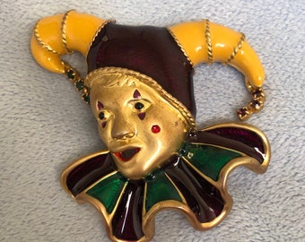 Enamel Harlequin Pierrot Brooch with Rhinestone Hat
