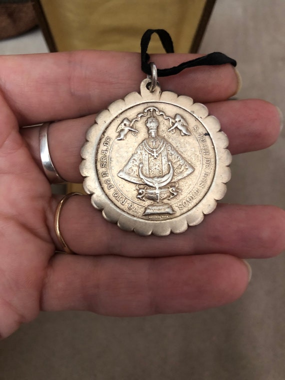 Antique Religious Pendant Large Medal W/Black Sil… - image 8