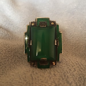 Antique Art Deco Sterling Silver Green Enamel & Chrysoprase Ring size 6.5