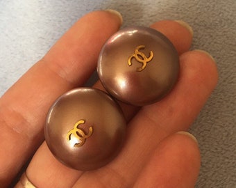 Vintage CHANEL Logo Pearl Earrings, Clip-Ons