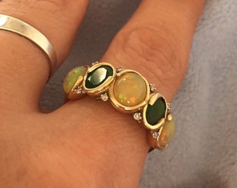 Vintage Chinese Opal Diamonds Tsavorite 10K Gold Band Ring 8