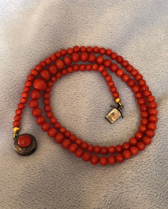 Antique Carved Salmon Red Coral Necklace Graduate… - image 1