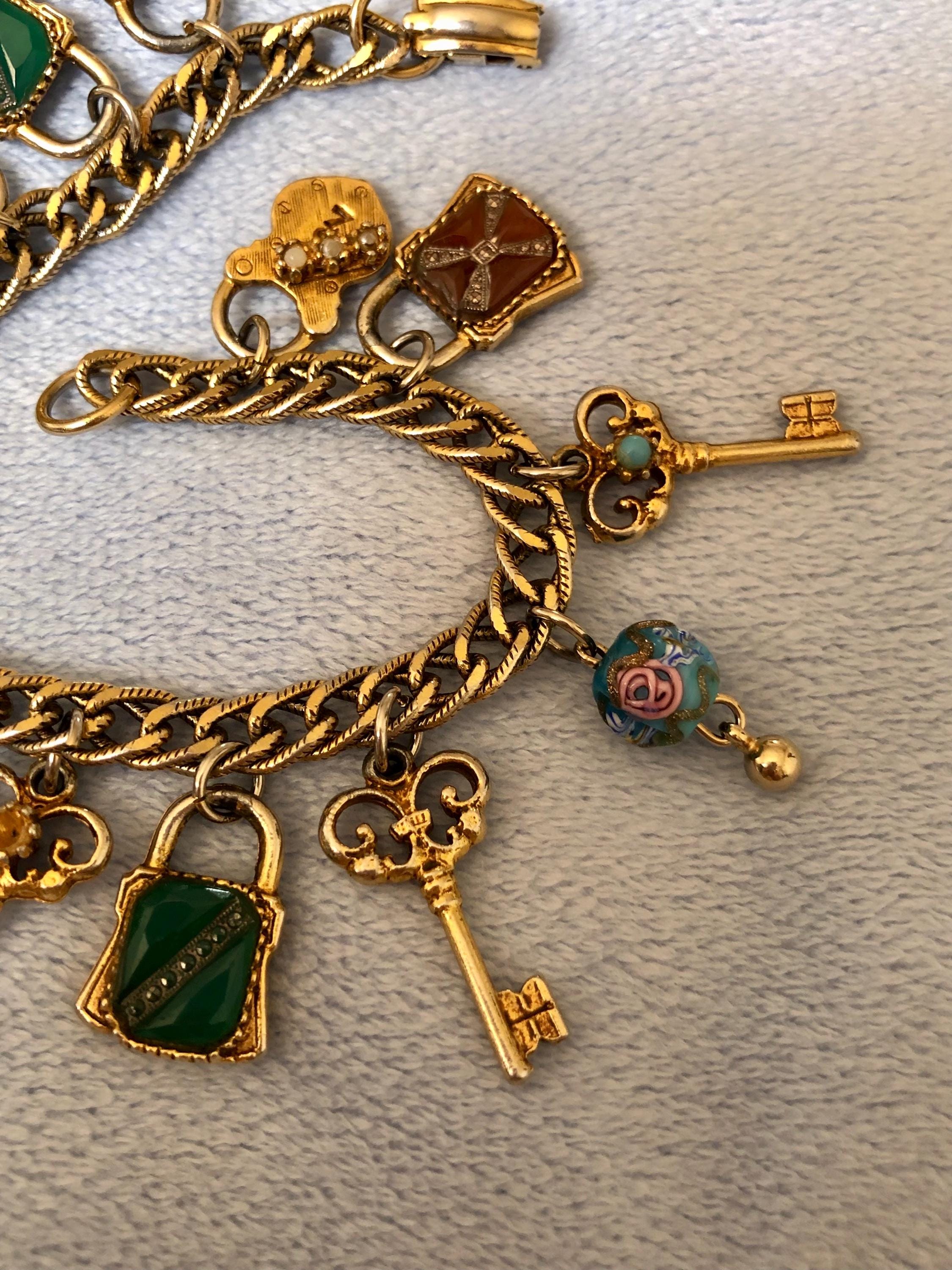 Vintage 1940's Skeleton Key Padlock Charm Bracelet W/wedding Cake