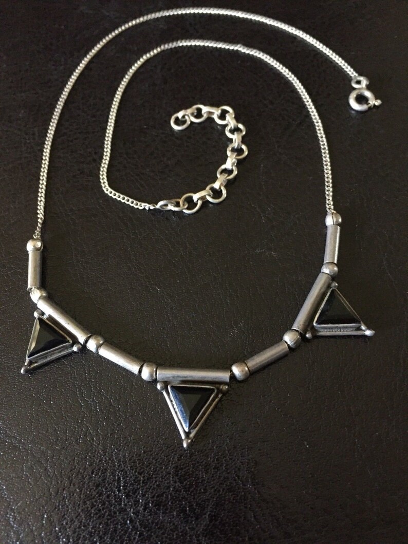 Art Deco Triple Triangle Beveled Onyx Sterling Silver Necklace 18