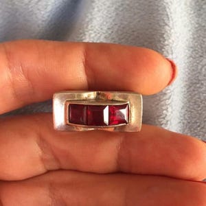 Retro Sterling Silver Deco Bow Red Tulip Ring size 8.5