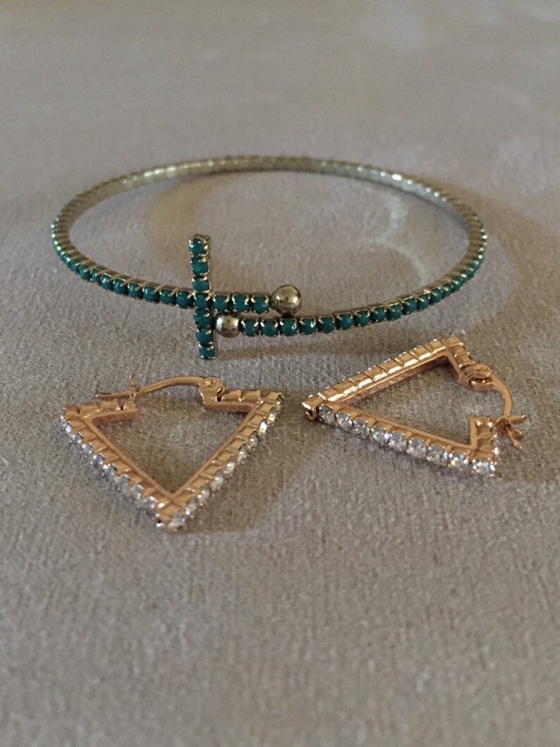 Vintage Peacock Green Cross Dainty Wrap Bangle Bracelet with Crystal Earrings