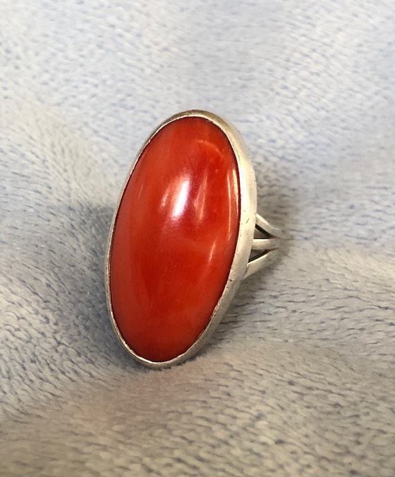 1930 Antique Sterling Silver Salmon Coral Ring Si… - image 1