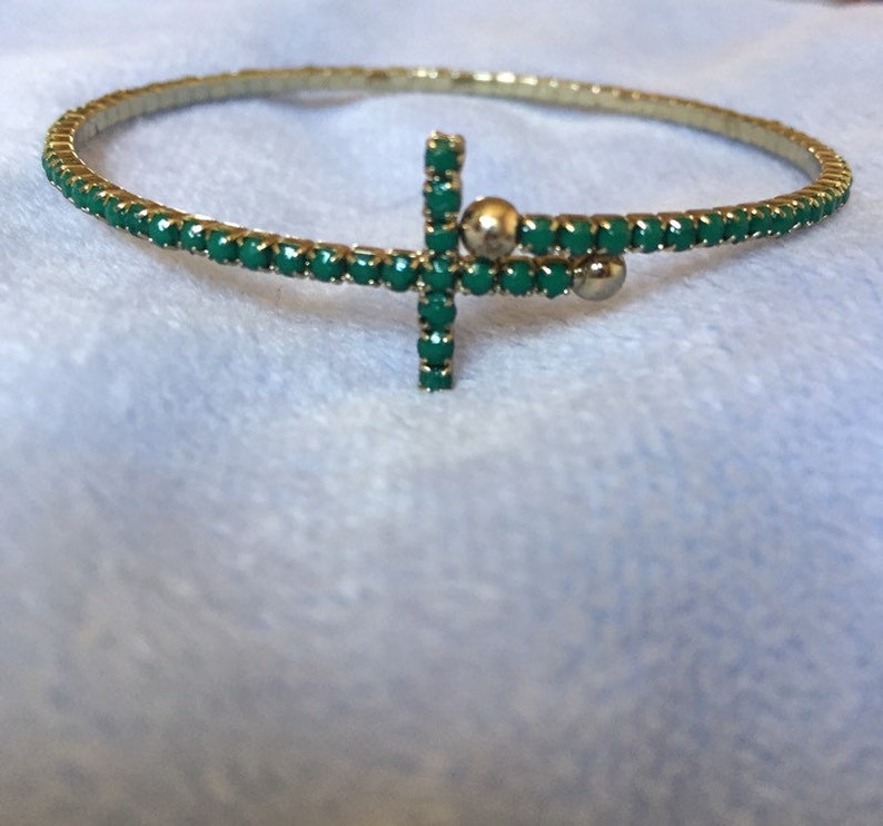 Vintage Peacock Green Cross Dainty Wrap Bangle Bracelet with Crystal Earrings