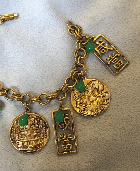 Vintage Green Glass Charm Bracelet W/Oriental Mix… - image 4