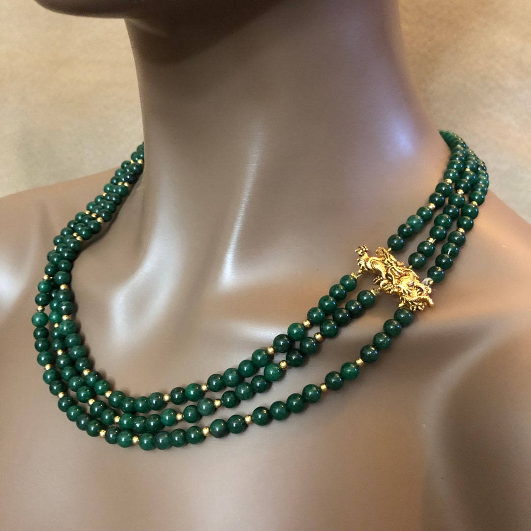 Vintage Alva Museum Smithsonian Green Jade 3 Strand Necklace W