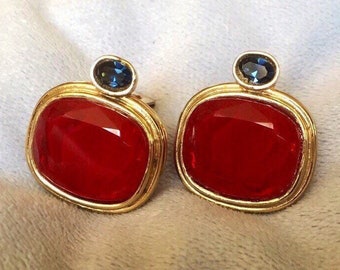 Vintage Bijoux Red Blue Glass Kenneth Lane Large Clip on earrings gripoix Earrings