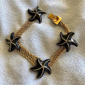 Vintage Rare Monet Dk Navy Blue 3D Starfish Rope Chain Nautical bracelet