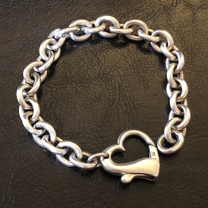 Vintage Sterling silver Rounded Link Charm bracelet W/Large Heart Clasp ITALY 925