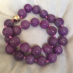 Sterling Clasp Lavender Carved Jade Asian Shou necklace Joy Longevity Necklace 18”