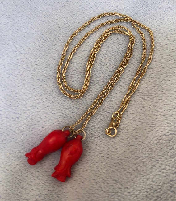 Antique Carved Red Coral Rose Buds Pendant W/Rope… - image 1