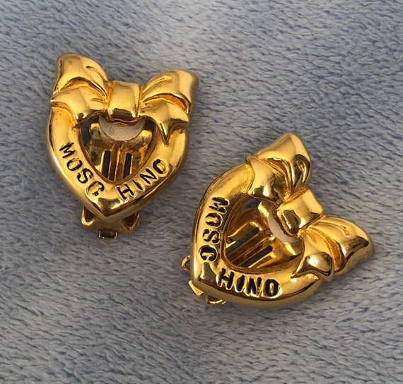 Vintage 1980 Moschino Heart earrings Ribbon Bow C… - image 2