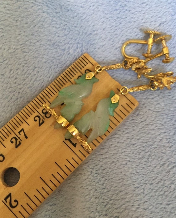Art Deco 14K Solid Gold Moss Snow Jade Earrings s… - image 2