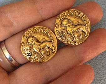 Vintage CHANEL Lion Logo Earrings, 1980s Clip-ons