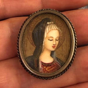 Antique 800 Silver Miniature Portrait Virgin Mary Brooch Pendant