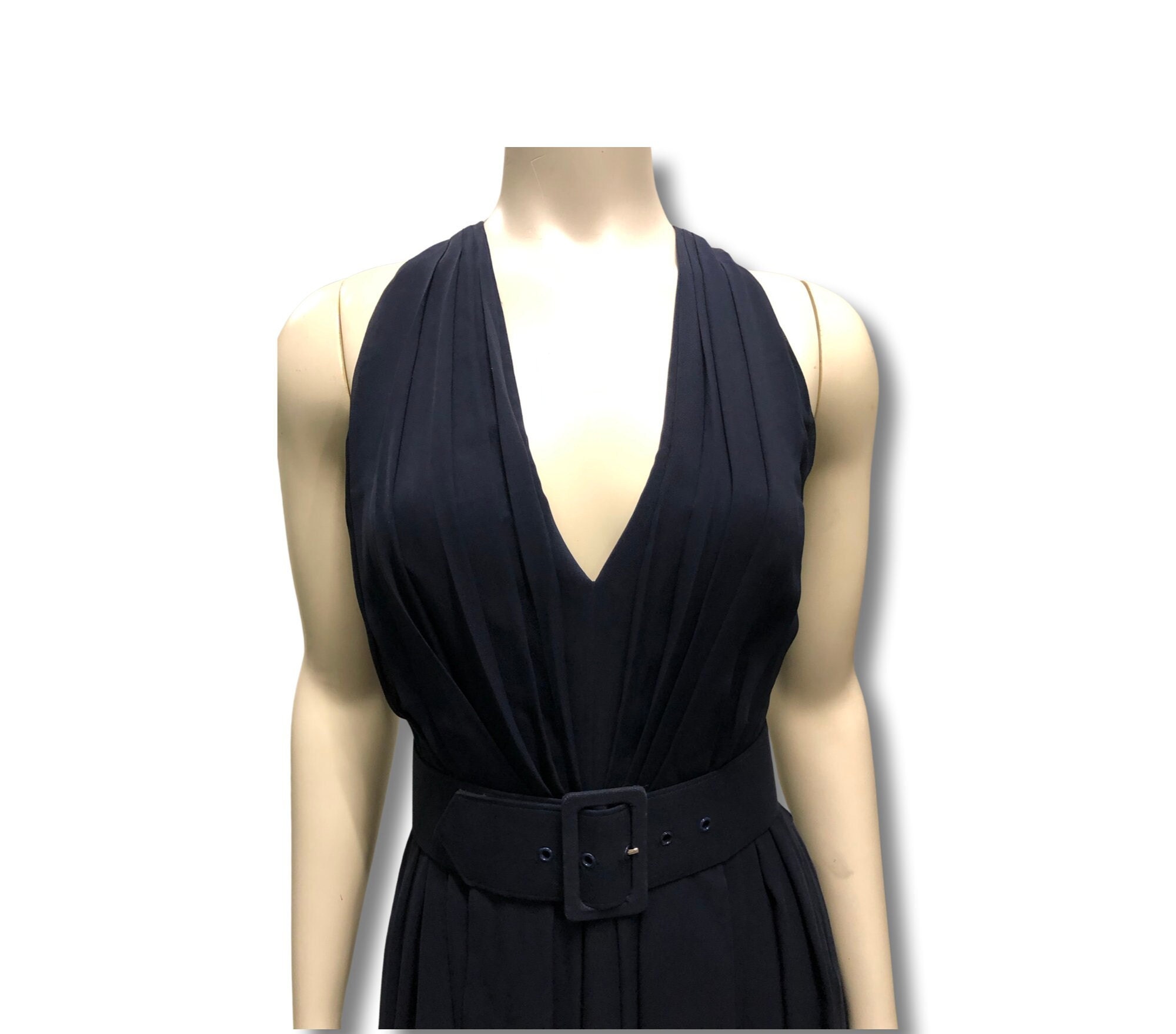 Vintage St Gillian Navy Silk Flowy A Line Deep V Marilyn Monroe Dress 4