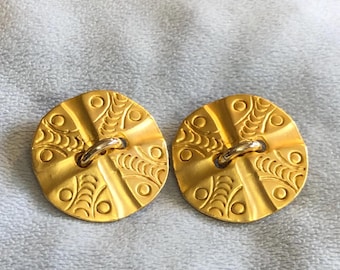 Vintage Matte Gold tone Etruscan Button French Earrings - Clip on