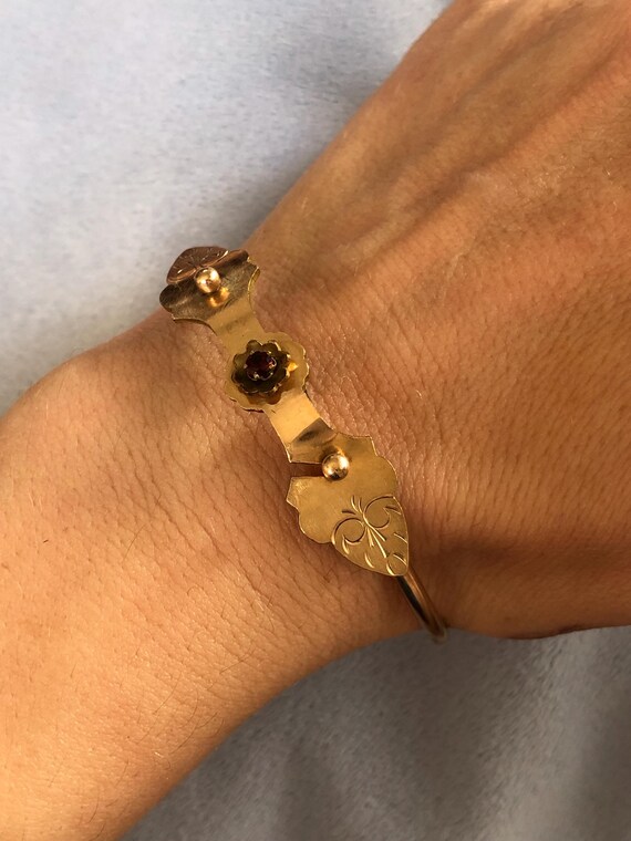 Victorian interlocking Floral Bangle W/Garnet Gem… - image 2