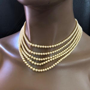 Simulated Duchess Pearls Five Strand Graduated Pearls Necklace W/Sterling silver Safety Clasp