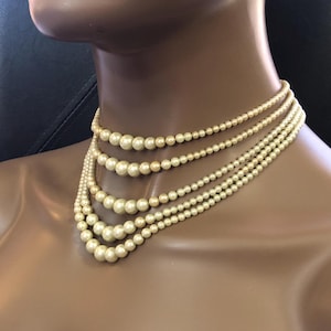 Art Deco 1920’s Faux Pearls Five Strand Graduated Pearls Necklace W/metal Clasp