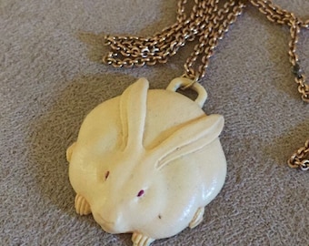 Antique Hand Carved Rabbit pendant Solid piece w/chain necklace