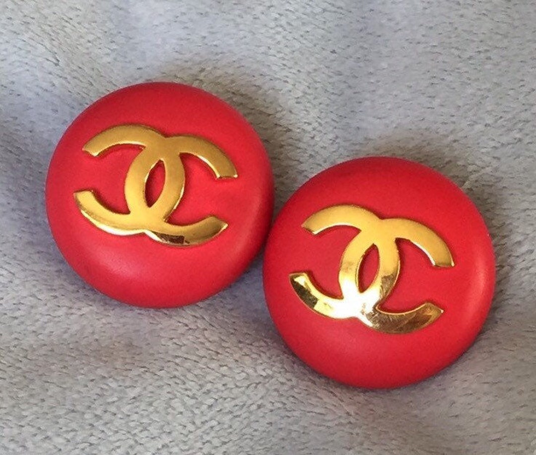 1985's Vintage Jumbo Size Coral Red CHANEL Chanel Logo Earrings 24